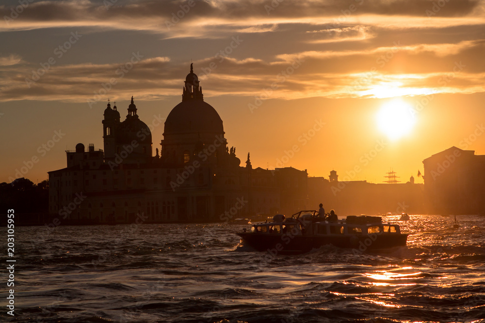 Sunset behind the Church of Madonna Della Salute in Venice