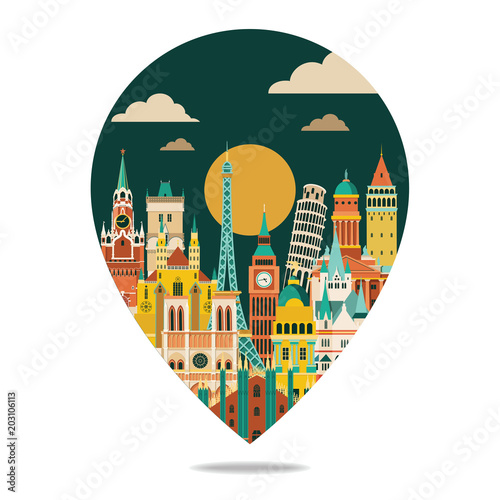 europe famous monuments skyline. Travel and tourism background. Vector illustration