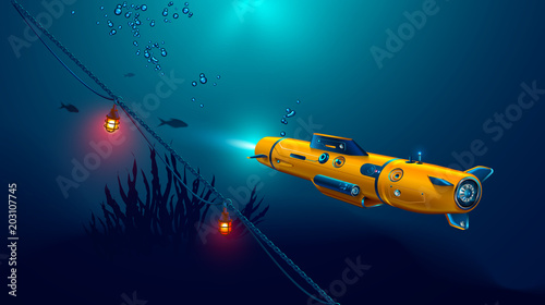 Autonomous underwater drone or robot with camera exploration seabed. Seabed underwater and rays of sunlight shining through water.