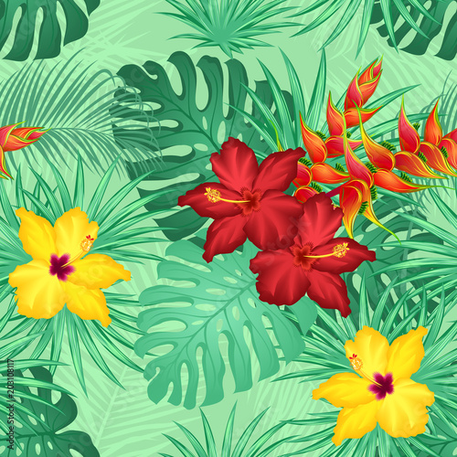 Seamless pattern with tropical flowers  palm and monstera leaves on green background. Floral seamless texture for print design.