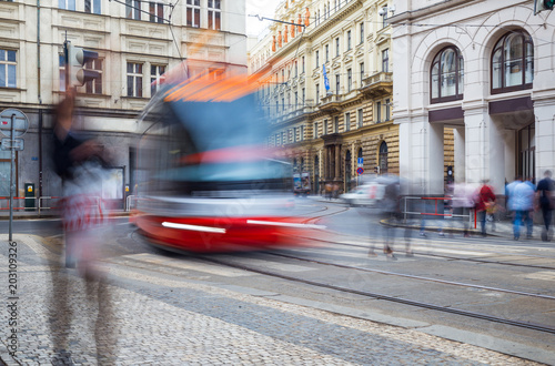 Tram in the Prague Old Town, Czech Republic