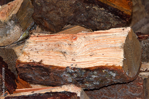 Chopped wood stacked randomly, firewood ready for use.