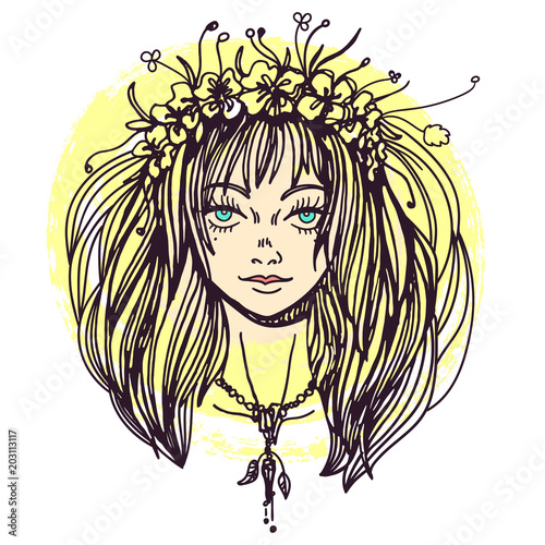 Illustration of a young woman in flower crown wearing amulet for wicca summer solstice celebration. Line art drawing for print.
