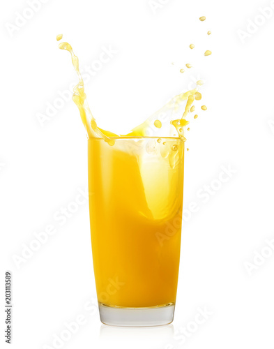 Splash in tall glass of orange juice