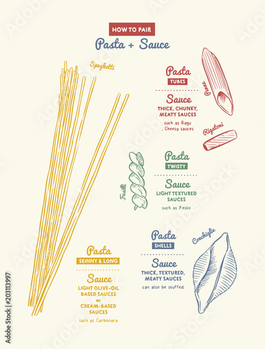 Pasta type with pairing sauce style. Hand draw sketch vector.