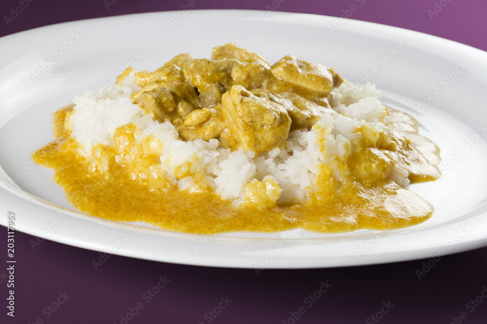 Simple dish from India. Chicken Korma. Chicken on a mildly spiced coconut creamy sauce served with rice on white plate. Simple dish from India. Chicken Korma. Chicken on a mildly spiced coconut creamy sauce served with rice on white plate.