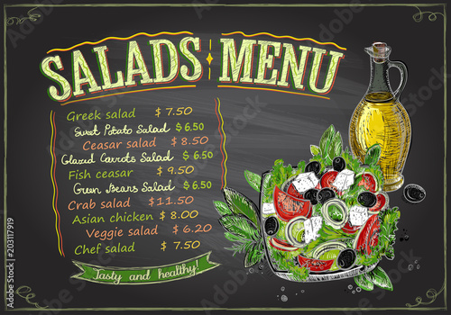 Salads menu chalkboard design, hand drawn illustration with greek salad