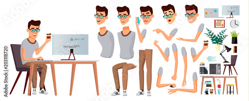 Office Worker Vector. Emotions, Gestures. Animation Creation Set. Business Person. Career. Modern Employee, Workman. Isolated Flat Cartoon Character Illustration
