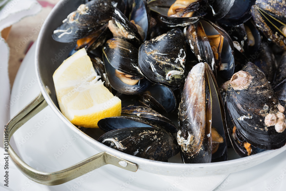 Boiled mussels in shells with lemon. Shellfish food. Boiled mussels in shells with lemon. Shellfish food.