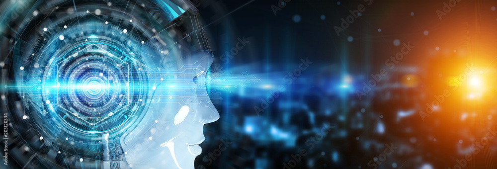 Cyborg head using artificial intelligence to create digital interface 3D rendering Cyborg head using artificial intelligence to create digital interface 3D rendering