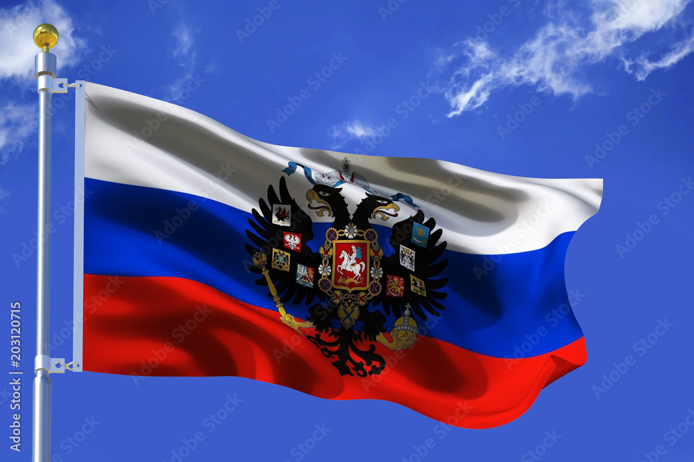 The silk waving flag of Russia (Russian Federation) with empire emblem and  with a flagpole on a sunny blue sky background with white clouds .3D  illustration.. Illustration Stock