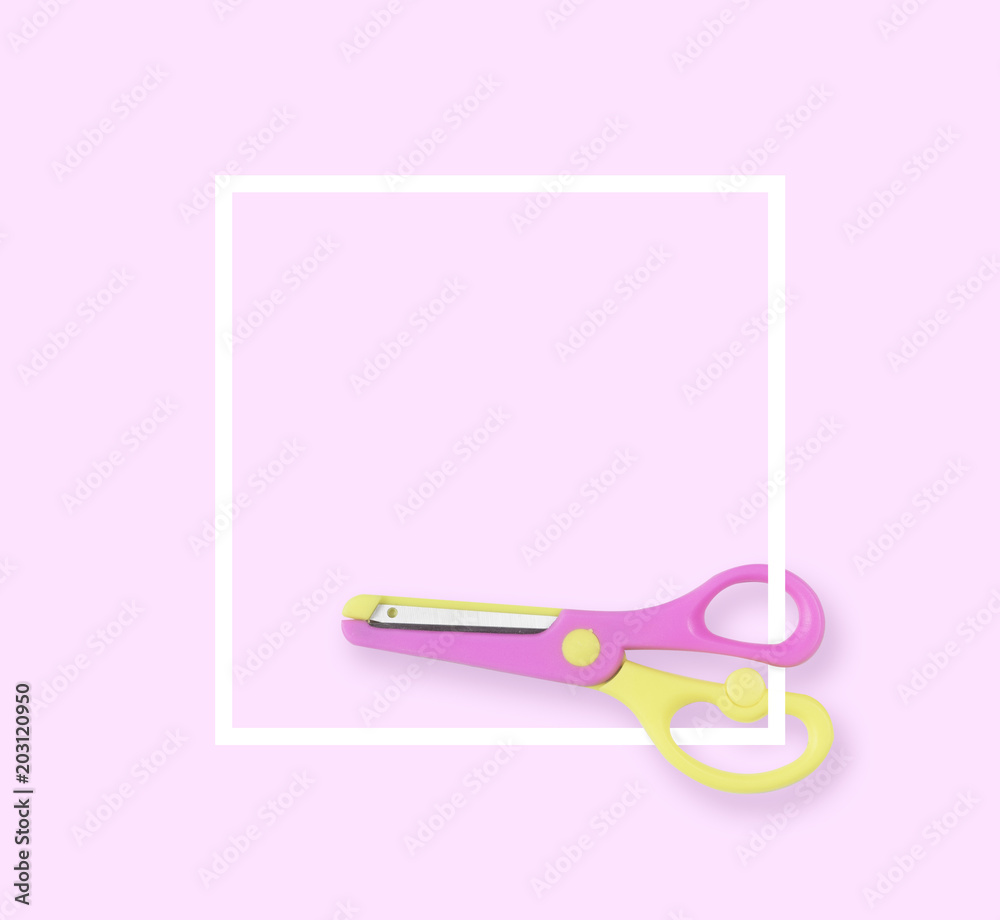Minimal white layout Yellow and pink scissors isolated pink pastel, Concept minimal style, Top view with space for copy paste your text Minimal white layout Yellow and pink scissors isolated pink pastel, Concept minimal style, Top view with space for copy paste your text