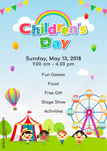 Children's day Poster invitation vector illustration. Kids playing at amusement park.