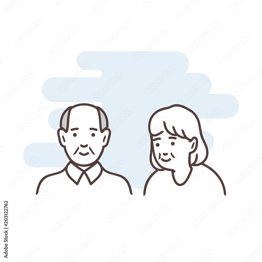 One line is a simple minimalist illustration of two elderly people. Old age. One line is a simple minimalist illustration of two elderly people. Old age.