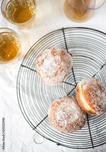 Finnish traditional Vappu food, sugar donuts with sima