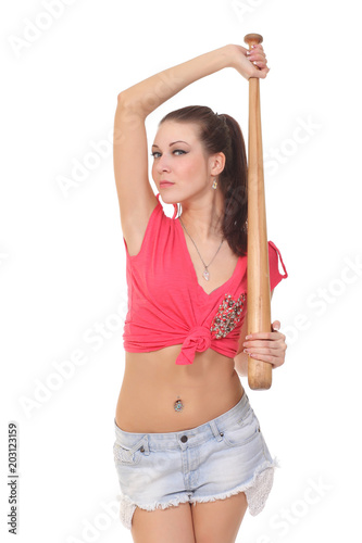 brunette woman with baseball bat. isolated