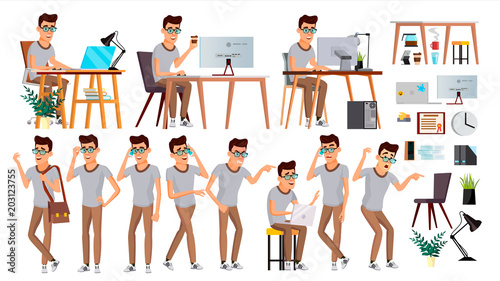 Office Worker Vector. Face Emotions, Various Gestures. Business Human. Smiling Manager, Servant, Workman, Officer. Flat Character Illustration