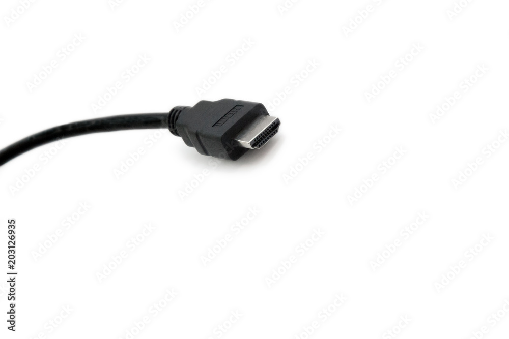 Black HDMI cable on white background. Connector close-up. Black HDMI cable on white background. Connector close-up.