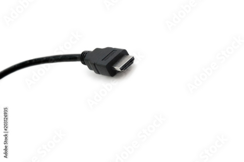 Black HDMI cable on white background. Connector close-up.