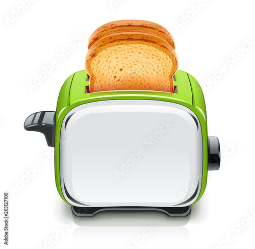 Green Toaster. Kitchen equipment for roast bread. Cooking food.