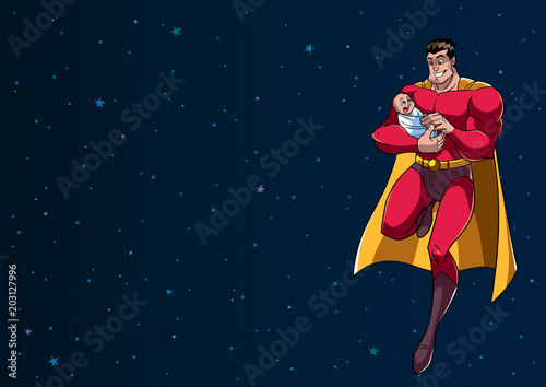Full length illustration of happy superhero dad flying in the outer space and holding his cute newborn baby in his arms. 