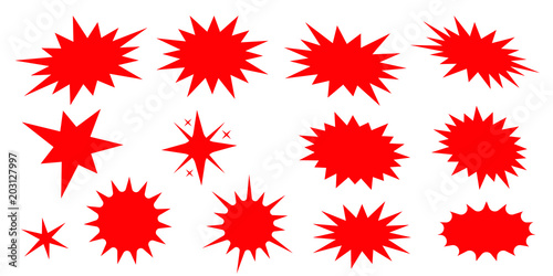 Set of fashionable forms of red retro splash, explosion, burst, bang, blast, shine, star. Flat design elements sunburst. Best for sale sticker, price tag, quality mark. Beans firework. Vector. photo