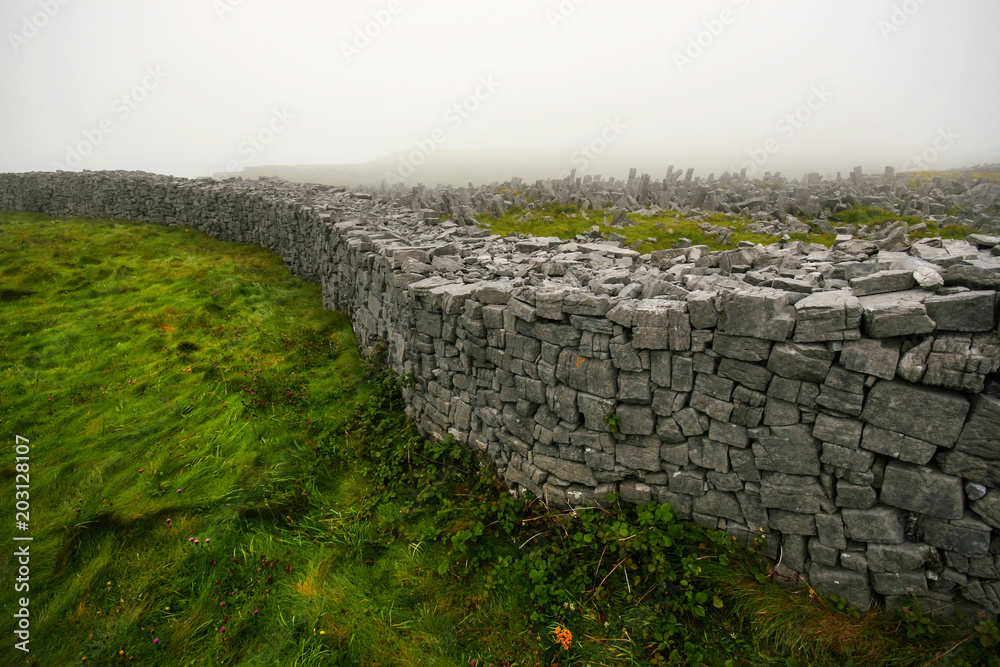 Stone brick walls rising from soft grass near Dun Aonghasa - semi circular stone fort on Inis Mor (Inishmore) island with thick fog in background. Aran Islands, Ireland.