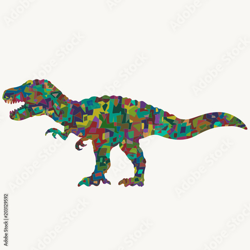 A large snarling dinosaur, a silhouette with a colorful pattern