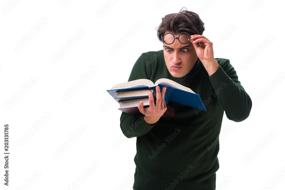 Nerd young student with books isolated on white Nerd young student with books isolated on white