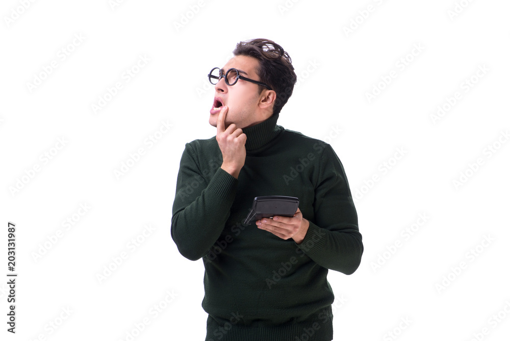 Nerd young man with calculator isolated on white Nerd young man with calculator isolated on white