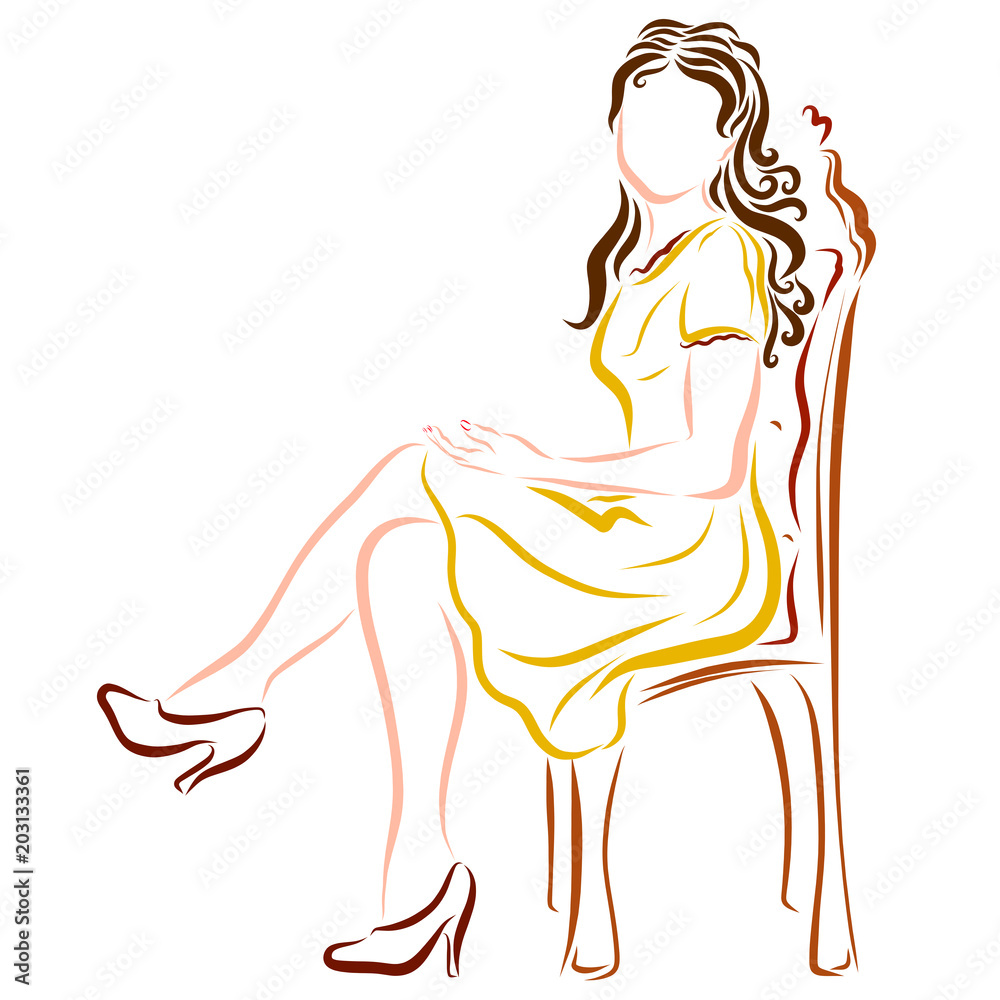 Charming brunette in a yellow dress, sitting on a beautiful high chair