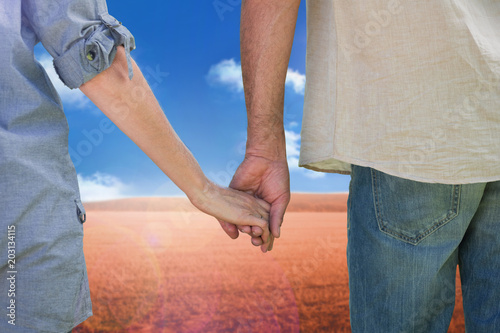 Couple holding hands in park against sunny brown landscape