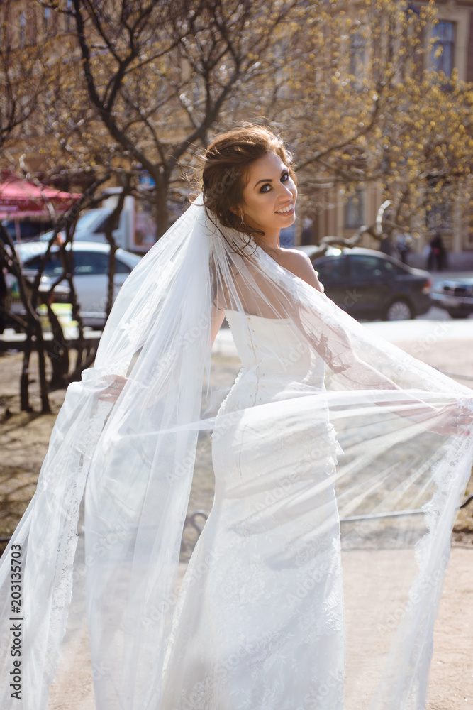 Close up portrait of beautiful young caucasian brunette woman bride in white wedding dress over Saint-Petersburg on blurred background. Smiling girl in wedding dress