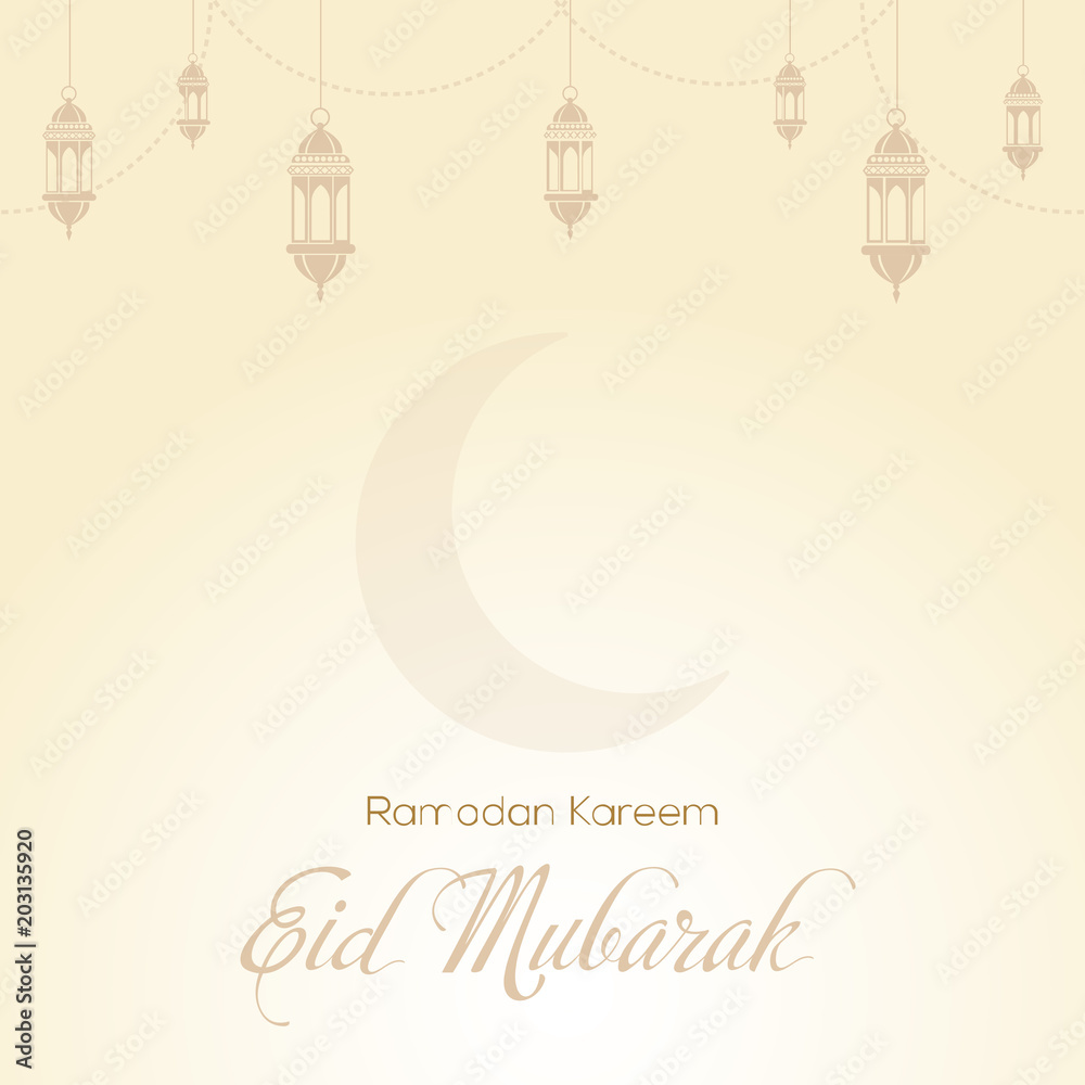 Naklejka premium Ramadan Kareem greeting card with mosque, moon and arabic lamps. Vector