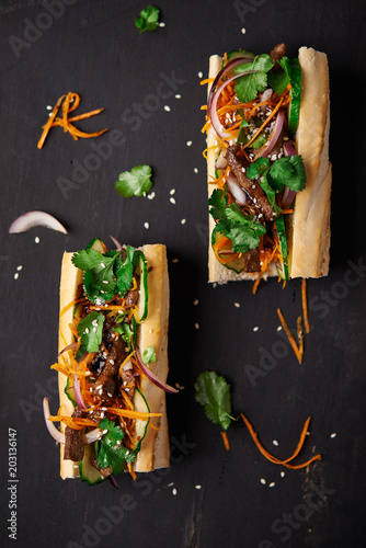 Tableau sur toile banh mi sanwdiches, top view