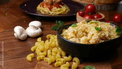 baked Macaroni and cheese set on dinner table. photo