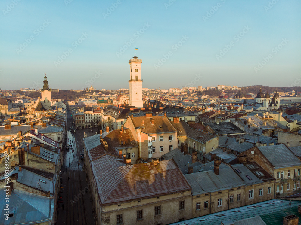 beauty panoramic view on sunrise over old european city