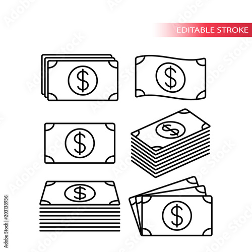 Thin line fully editable stack of dollar money icons. Banknote icon set. Pile of money icons. Money stack.