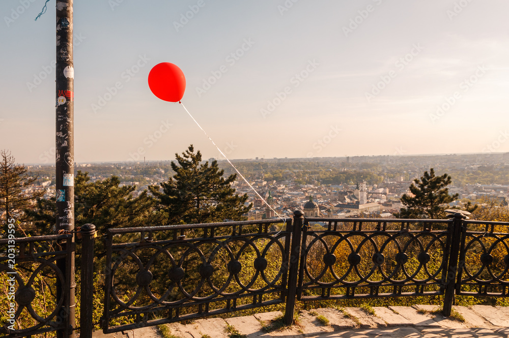 red ball on a sunset background over the historical center of , red ball on a sunset background over the historical center of ,