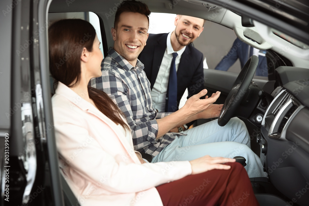 Salesman consulting young couple in auto at dealership. Buying new car