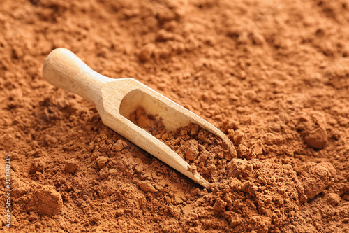 Wooden scoop on cocoa powder, closeup