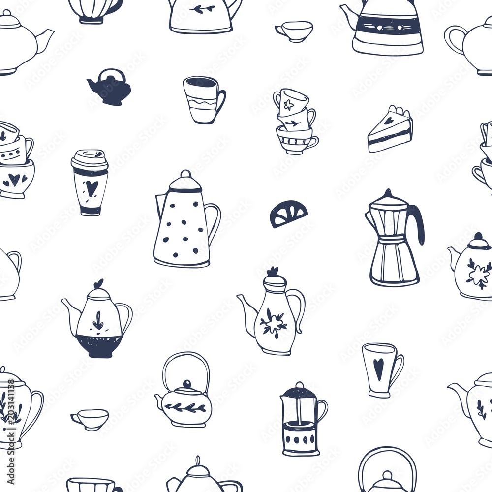 Tea time seamless pattern. Tea party background design. Hand drawn doodle illustration with teapots, cups and sweets. Tea time seamless pattern. Tea party background design. Hand drawn doodle illustration with teapots, cups and sweets.