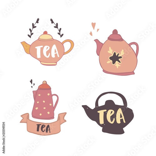 Set of teapots with hand drawn lettering. Tea. Scandinavian style illustration, modern and elegant home decor. Vector print design.