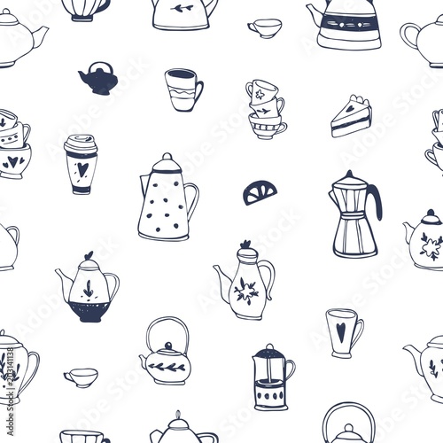Tea time seamless pattern. Tea party background design. Hand drawn doodle illustration with teapots, cups and sweets.