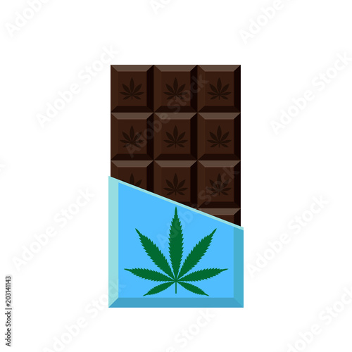 Chocolate Bar with marijuana leaf. Narcotic sweets. Isolated vector illustration on white background.