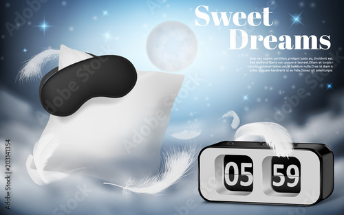 Vector promotion banner with realistic white pillow, blindfold and alarm clock on blue night background with clouds. Cushion and black mask, bedroom accessories for comfortable rest and sweet dreams
