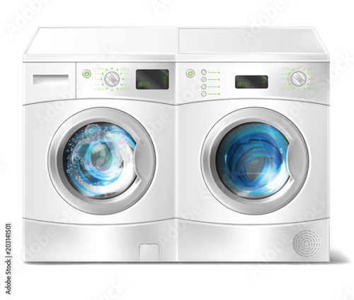 Vector realistic illustration of white front-load washer with dirty laundry inside and dryer with close door isolated on background. Modern household appliance for washing and drying clothes