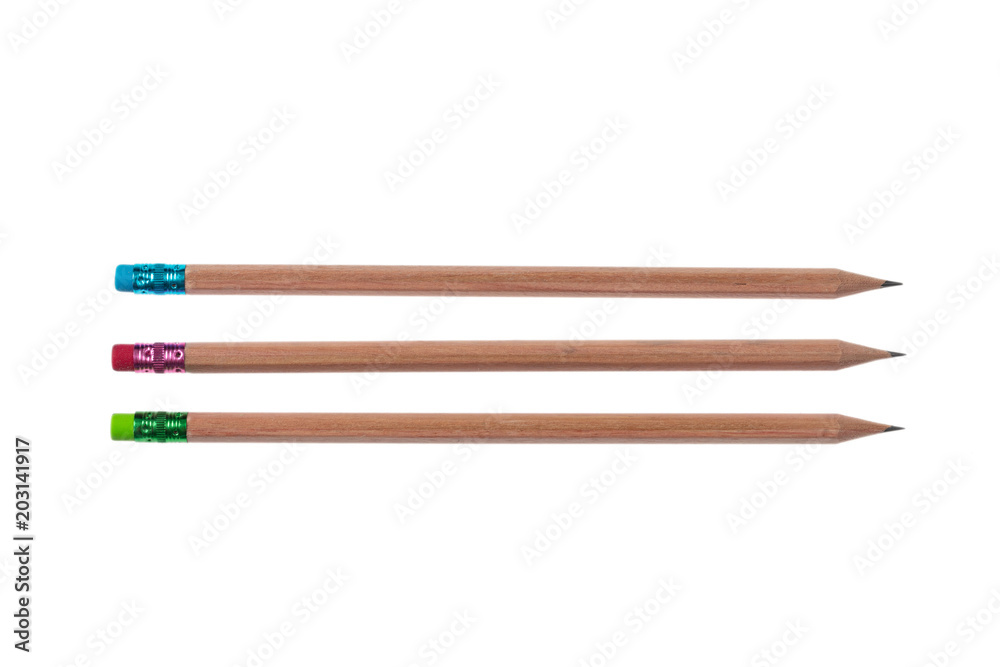 Three pencils with pink, green and blue erasers isolated on white background, top view Three pencils with pink, green and blue erasers isolated on white background, top view