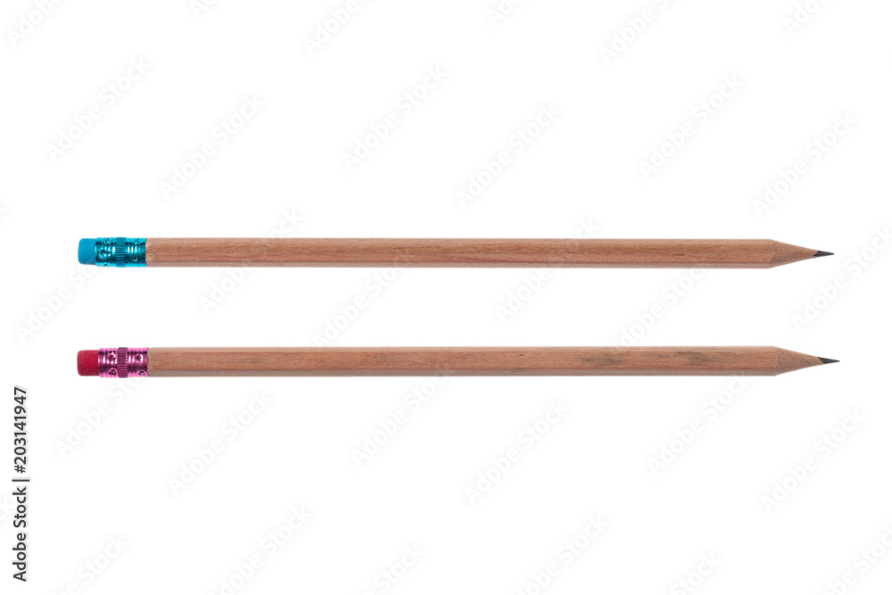 Two pencils with pink and blue erasers isolated on white background, top view Two pencils with pink and blue erasers isolated on white background, top view