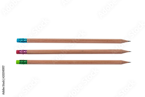 Three pencils with pink, green and blue erasers isolated on white background, top view © Rawf8